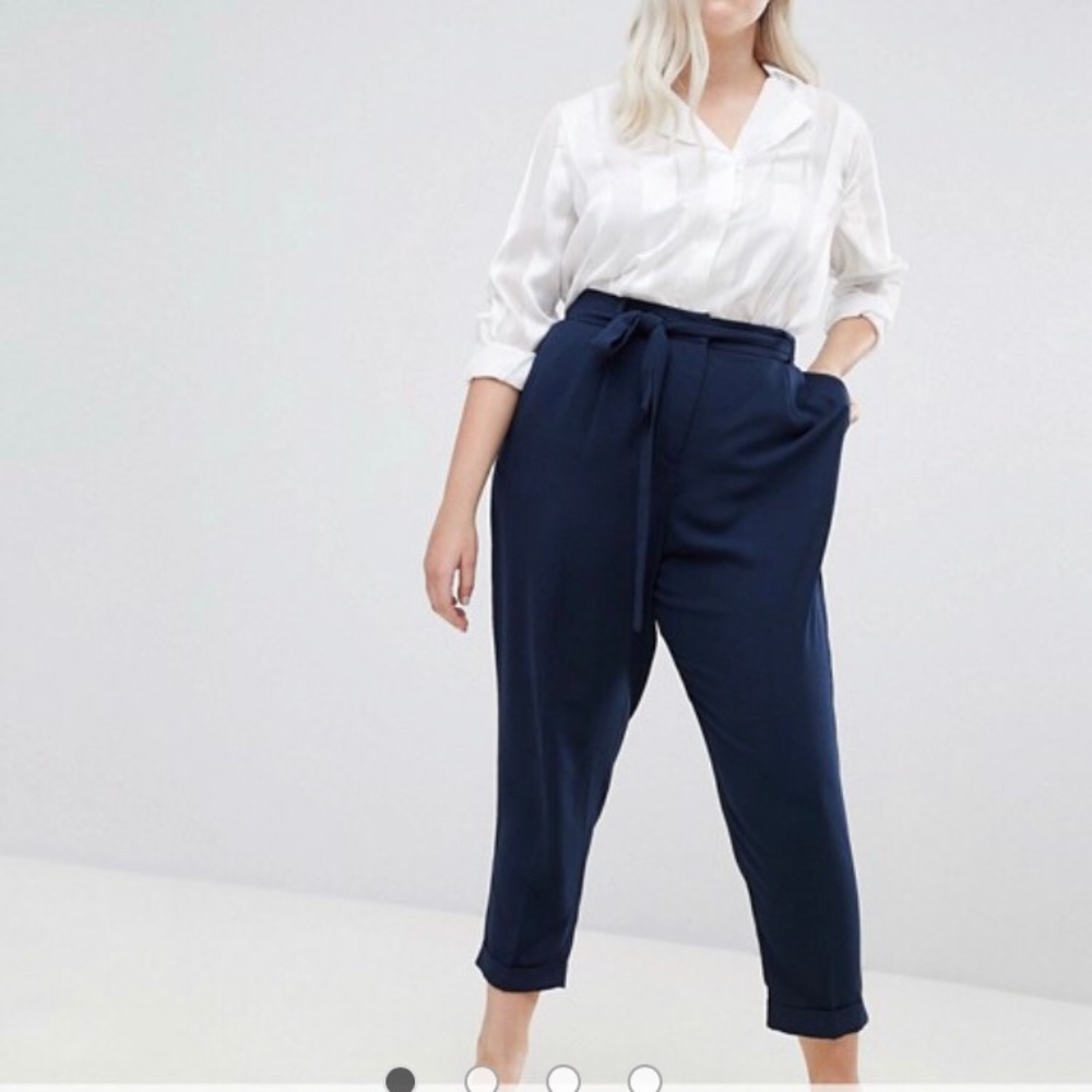 ASOS Curve Woven Peg Pants with Obi Tie Navy Blue